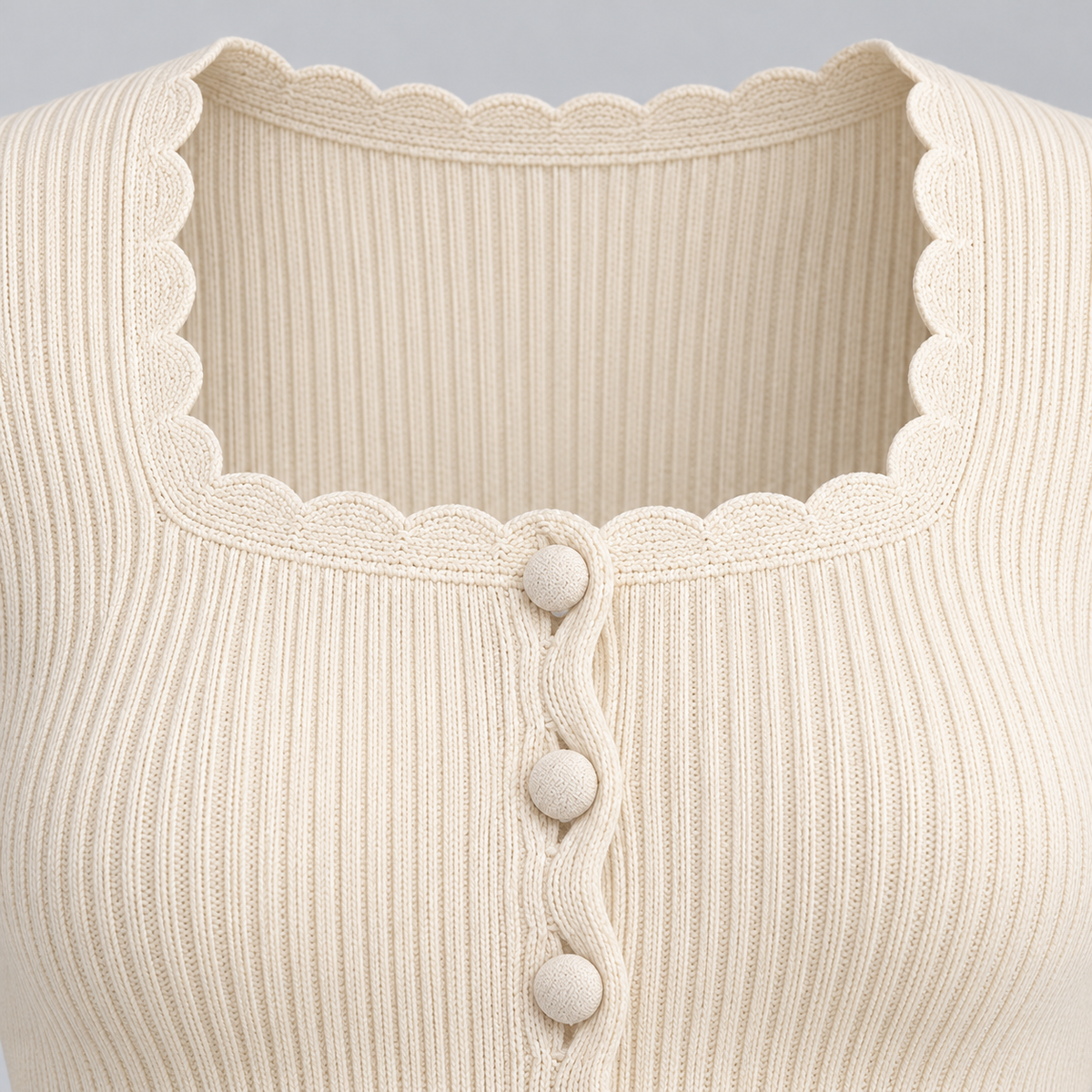 🧶 Gift-Worthy | Scalloped Square-Neck Elegance | Timeless Buttoned Knit Cardigan