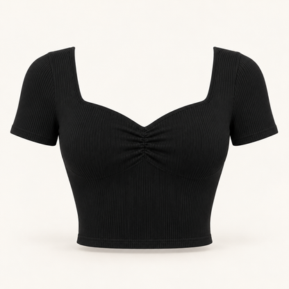 🌸 Gift-Worthy | Sculpted Sweetheart Ribbed Elegance | Fresh Short-Sleeve Styling