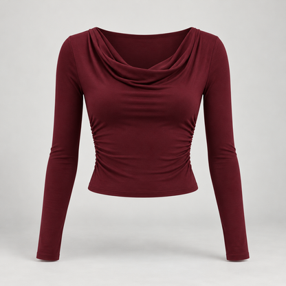 🌙 Gift-Worthy | Draped Cowl-Neck Elegance | Polished Long-Sleeve Evening Styling