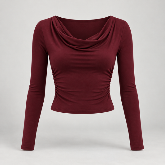 🌙 Gift-Worthy | Draped Cowl-Neck Elegance | Polished Long-Sleeve Evening Styling