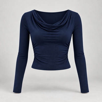 🌙 Gift-Worthy | Draped Cowl-Neck Elegance | Polished Long-Sleeve Evening Styling
