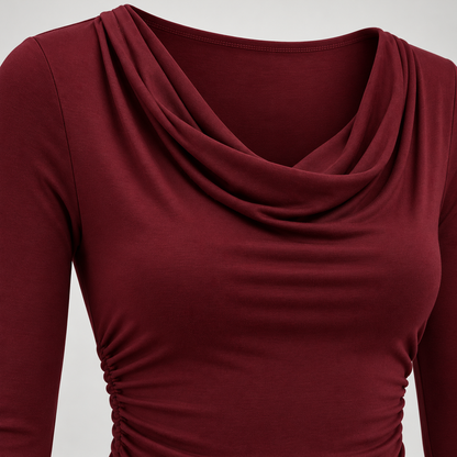 🌙 Gift-Worthy | Draped Cowl-Neck Elegance | Polished Long-Sleeve Evening Styling