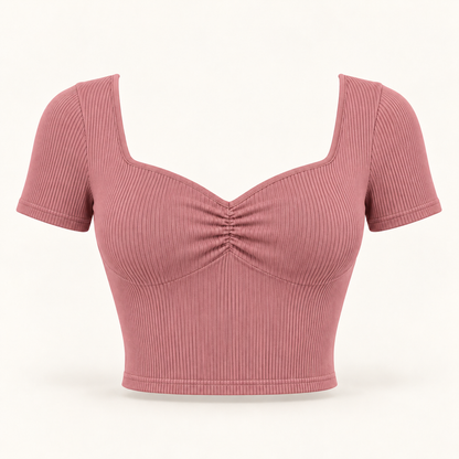 🌸 Gift-Worthy | Sculpted Sweetheart Ribbed Elegance | Fresh Short-Sleeve Styling