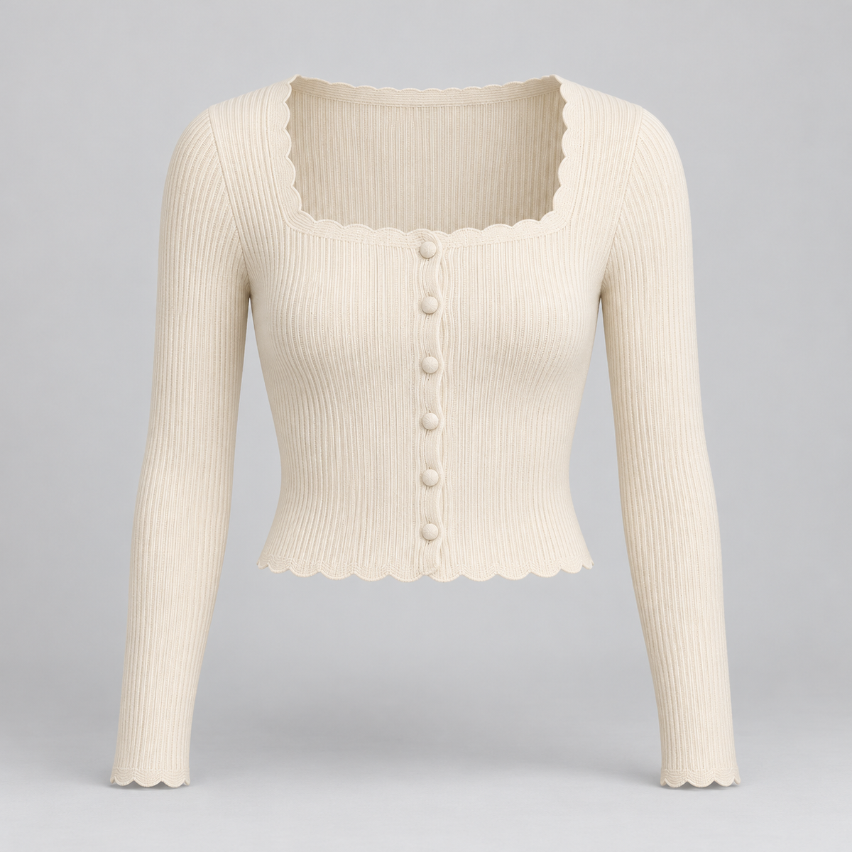🧶 Gift-Worthy | Scalloped Square-Neck Elegance | Timeless Buttoned Knit Cardigan