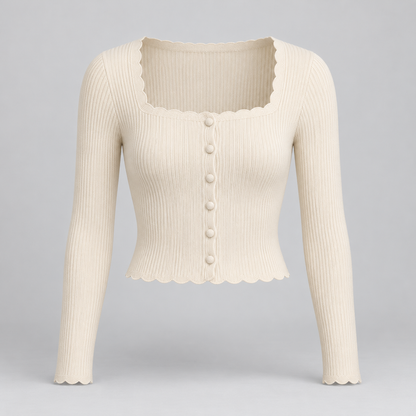 🧶 Gift-Worthy | Scalloped Square-Neck Elegance | Timeless Buttoned Knit Cardigan