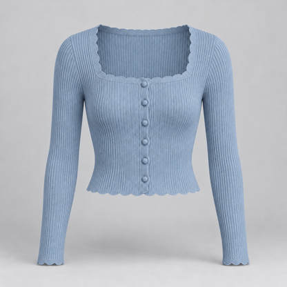 🧶 Gift-Worthy | Scalloped Square-Neck Elegance | Timeless Buttoned Knit Cardigan