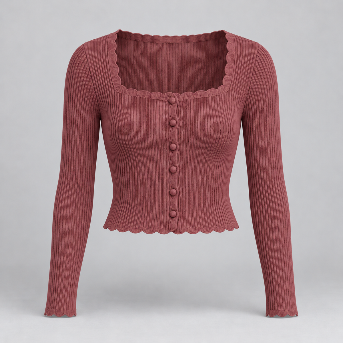 🧶 Gift-Worthy | Scalloped Square-Neck Elegance | Timeless Buttoned Knit Cardigan