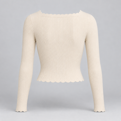 🧶 Gift-Worthy | Scalloped Square-Neck Elegance | Timeless Buttoned Knit Cardigan