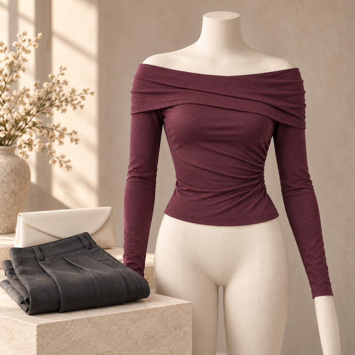 🌙 Gift-Worthy | Sculpted Off-Shoulder Modern Elegance | Timeless Foldover Blouse