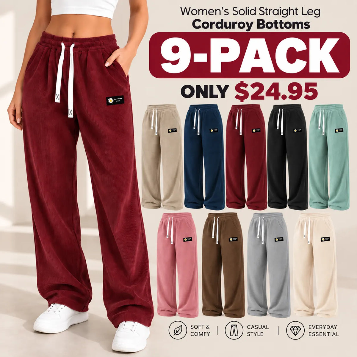 Women's Solid Straight Leg Corduroy Bottoms-100% Cotton - Image 6