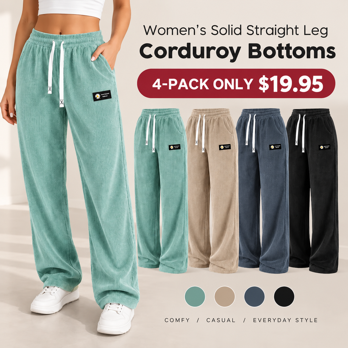 Women's Solid Straight Leg Corduroy Bottoms-100% Cotton - Image 4