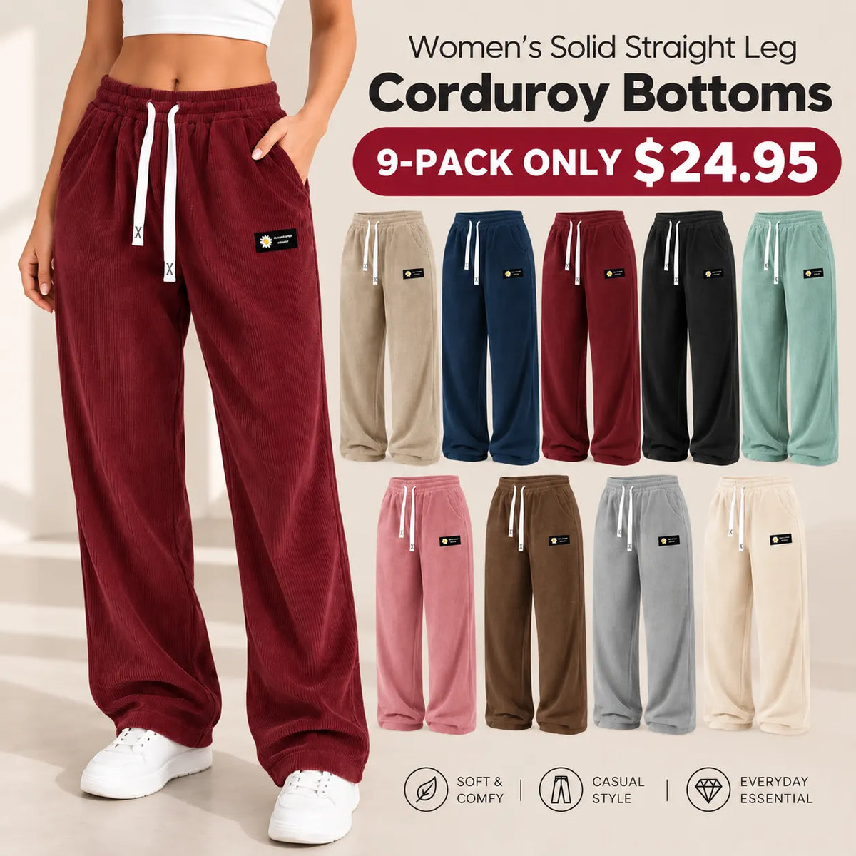 Women's Solid Straight Leg Corduroy Bottoms-100% Cotton - Image 5