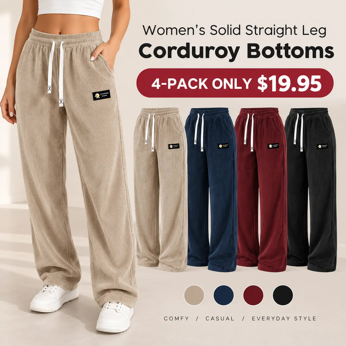 Women's Solid Straight Leg Corduroy Bottoms-100% Cotton - Image 1
