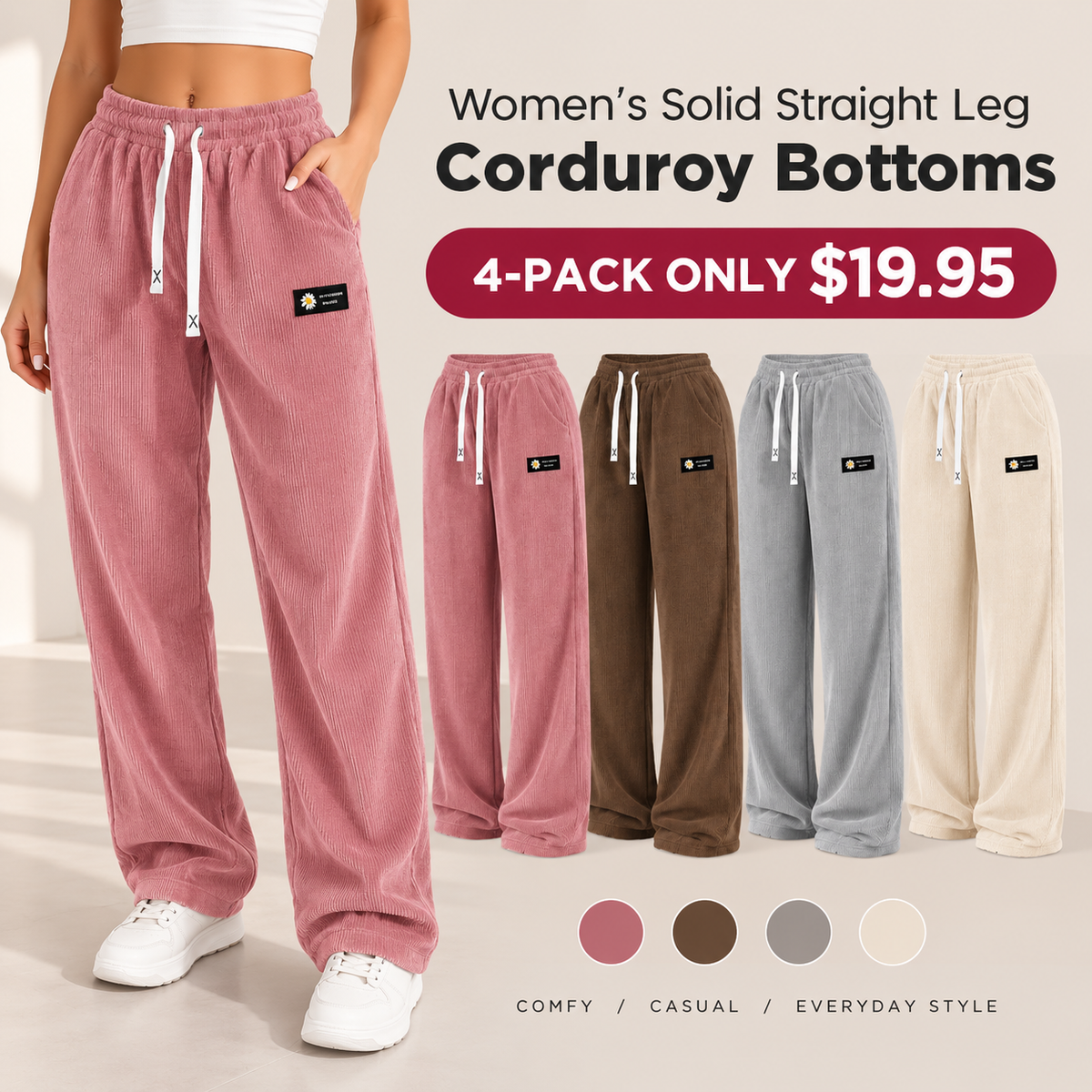 Women's Solid Straight Leg Corduroy Bottoms-100% Cotton - Image 3